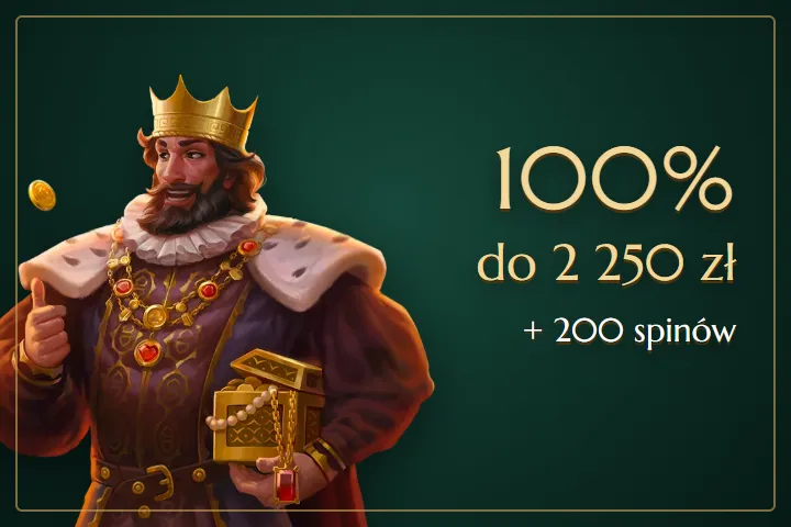 Casinia Casino bonus – król z banera Casinia ze skrzynią złota i napis 100% do 2 250 zł + 200 spinów