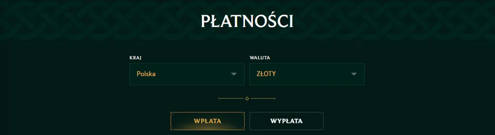 Casino Casinia – kasa: nagłówek Płatności, kraj Polska, waluta złoty i zakładki Wpłata oraz Wypłata